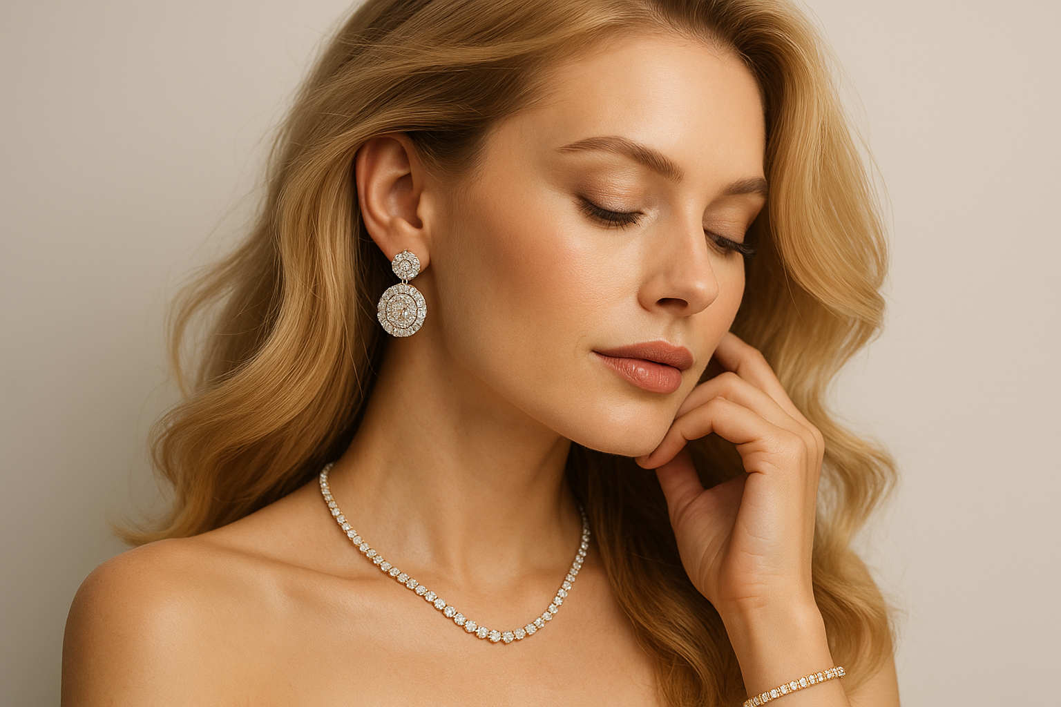Dame una imagen de una rubia bella con joyas, aros, pulsera y collar